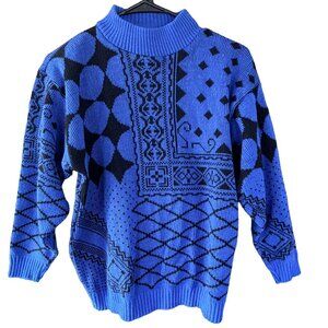 Vintage 80s Geometric Patchwork Mock Neck Sweater Blue Black Medium USA Made